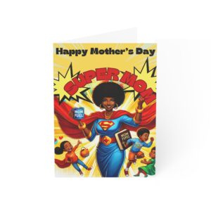 Scripture-Inspired Mother’s Day Card – Funny SuperMom Theme – Black Mom with Kids Running